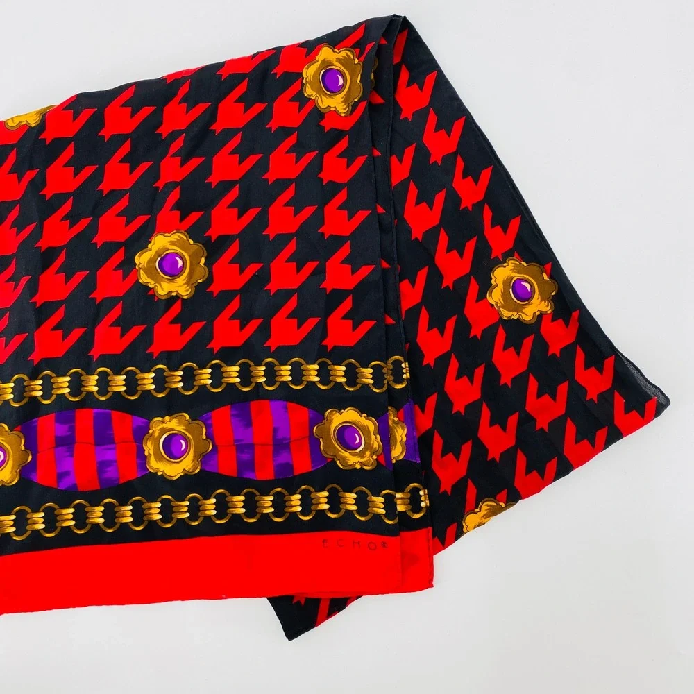 Echo Scarf Women OS Black Red Houndstooth Chain Jewel Print Silk Feel Rectangle